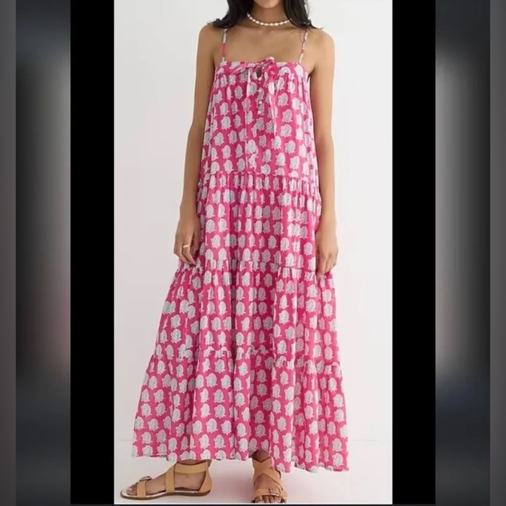 J Crew SZ Blockprints Tie Front Tiered Maxi Dress Bright Pink Paisley Large NWT